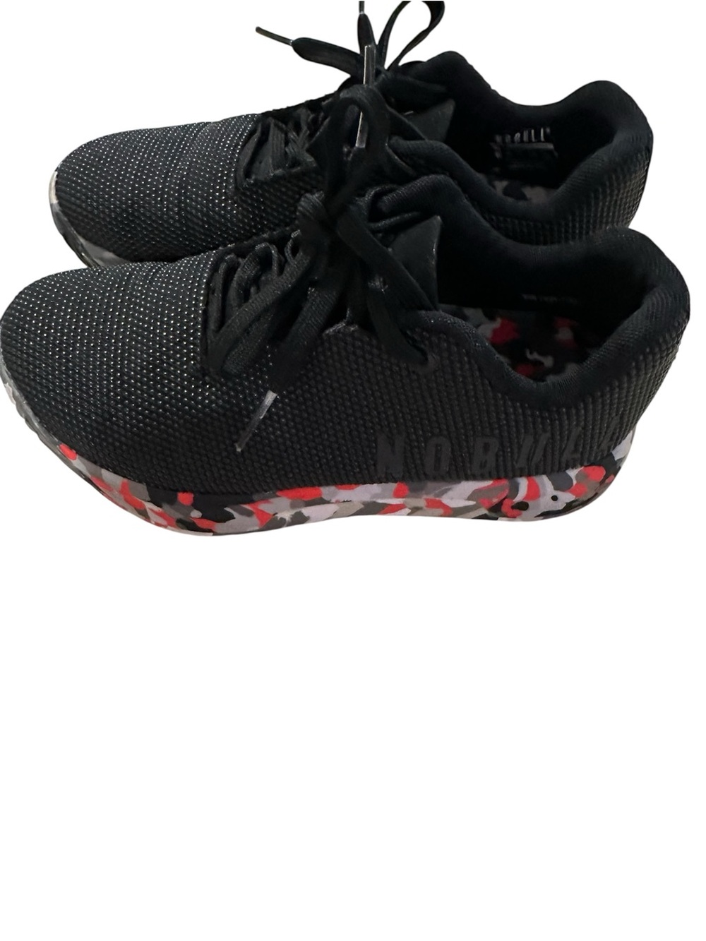NOBULL Black Knit Sneakers with Red, Gray & White Camo Midsole